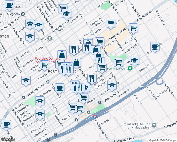 map of restaurants, bars, coffee shops, grocery stores, and more near 3313 Gaul Street in Philadelphia