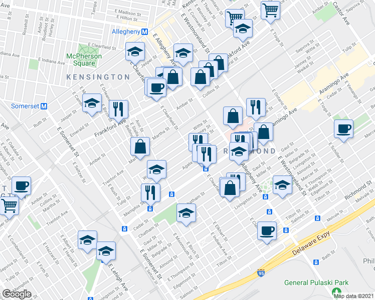 map of restaurants, bars, coffee shops, grocery stores, and more near 3082 Weikel Street in Philadelphia
