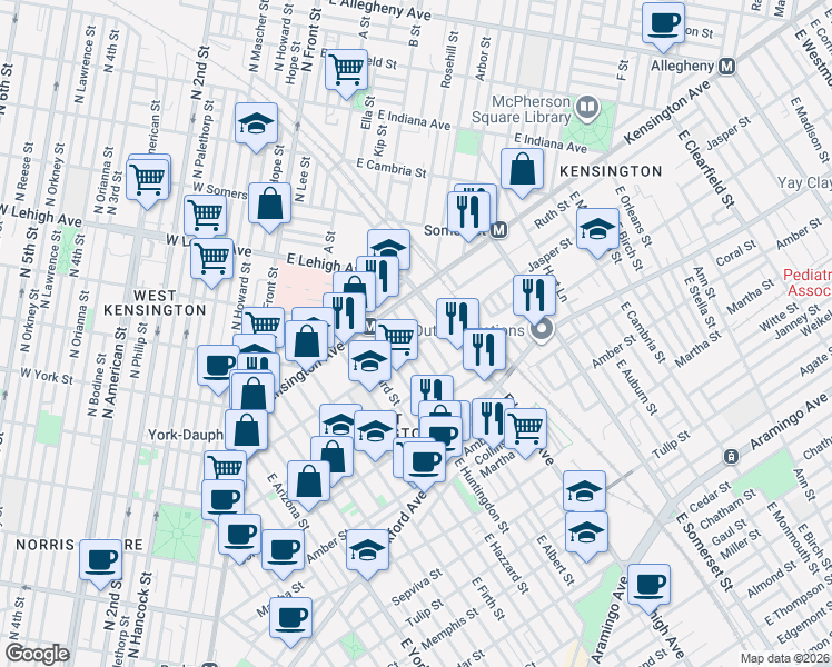 map of restaurants, bars, coffee shops, grocery stores, and more near 1836 East Albert Street in Philadelphia