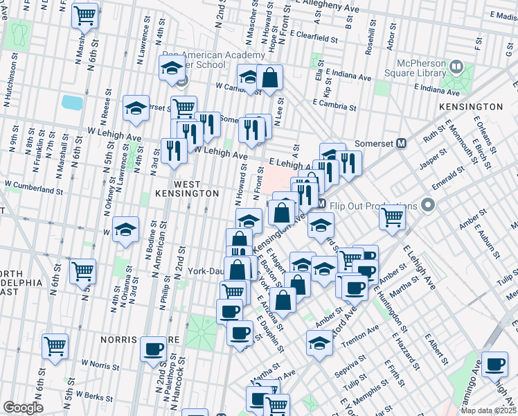 map of restaurants, bars, coffee shops, grocery stores, and more near 2535 North Lee Street in Philadelphia