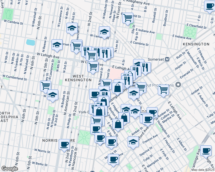 map of restaurants, bars, coffee shops, grocery stores, and more near 2535 North Lee Street in Philadelphia