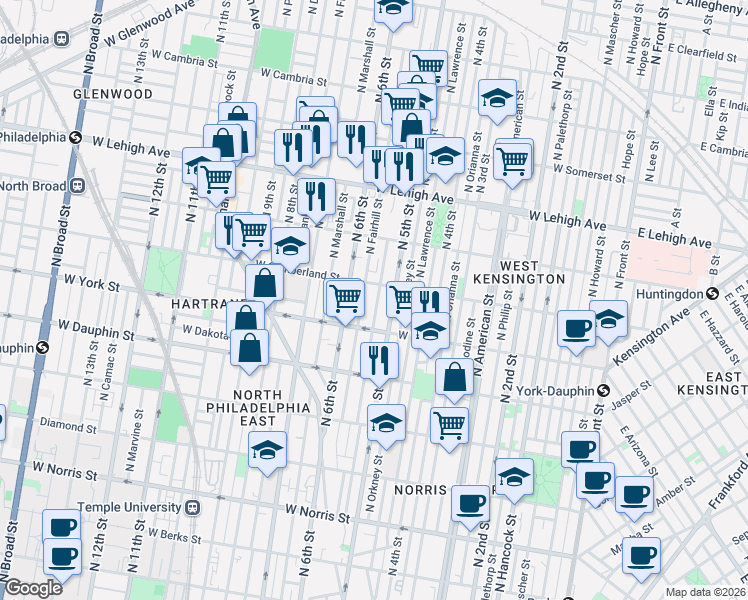 map of restaurants, bars, coffee shops, grocery stores, and more near 2428 North Fairhill Street in Philadelphia