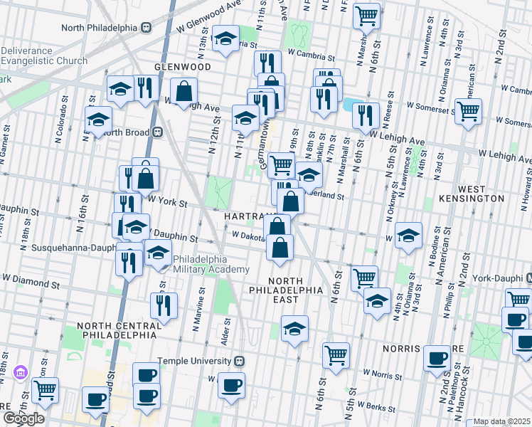 map of restaurants, bars, coffee shops, grocery stores, and more near 2353 North 10th Street in Philadelphia