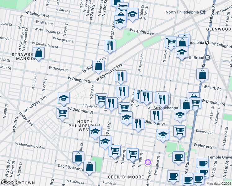 map of restaurants, bars, coffee shops, grocery stores, and more near 2236 North Woodstock Street in Philadelphia