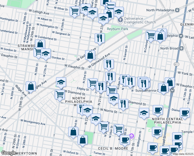 map of restaurants, bars, coffee shops, grocery stores, and more near 2229 North Van Pelt Street in Philadelphia