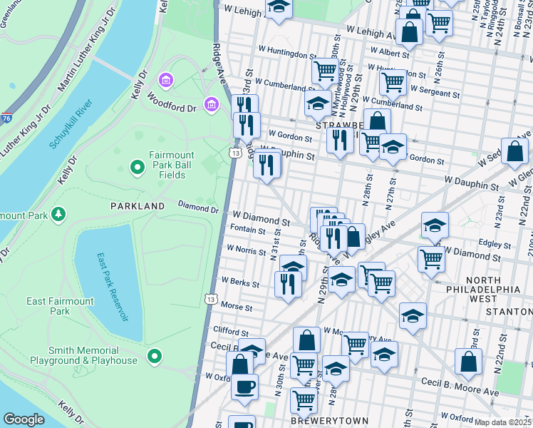 map of restaurants, bars, coffee shops, grocery stores, and more near in Philadelphia
