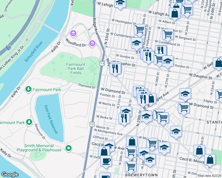 map of restaurants, bars, coffee shops, grocery stores, and more near in Philadelphia