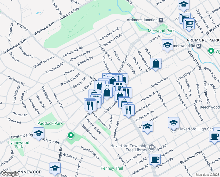map of restaurants, bars, coffee shops, grocery stores, and more near 18 East Eagle Road in Havertown