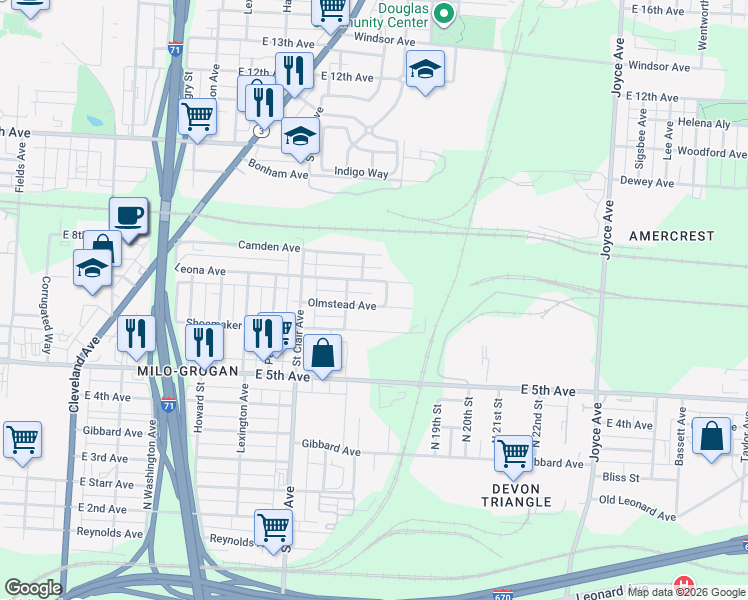 map of restaurants, bars, coffee shops, grocery stores, and more near 1056 Olmstead Avenue in Columbus