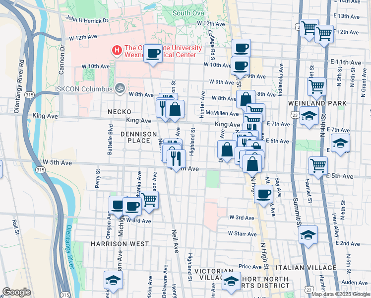 map of restaurants, bars, coffee shops, grocery stores, and more near 1318 Forsythe Avenue in Columbus