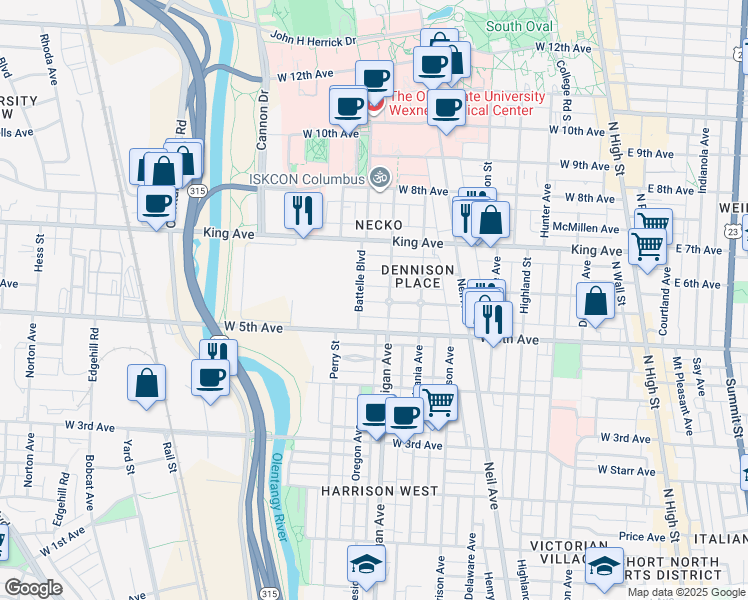 map of restaurants, bars, coffee shops, grocery stores, and more near 433 West 6th Avenue in Columbus