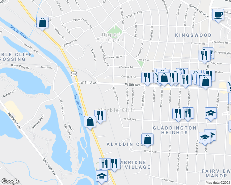 map of restaurants, bars, coffee shops, grocery stores, and more near 1593 Arlington Avenue in Marble Cliff