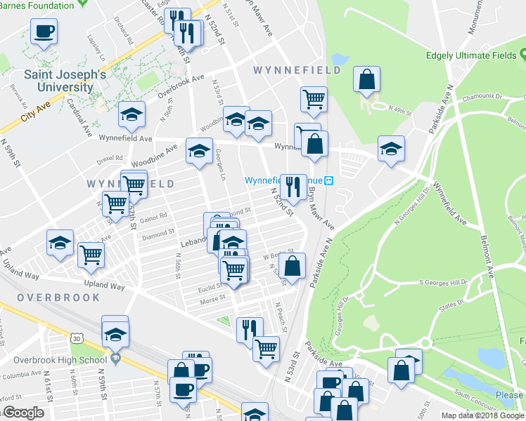map of restaurants, bars, coffee shops, grocery stores, and more near 5234 Diamond Street in Philadelphia