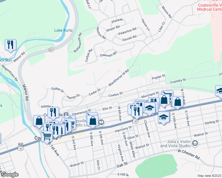 map of restaurants, bars, coffee shops, grocery stores, and more near 577 Poplar Street in Coatesville