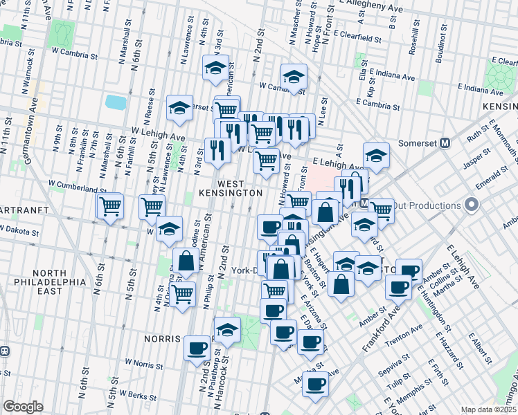 map of restaurants, bars, coffee shops, grocery stores, and more near 2519 Mutter Street in Philadelphia