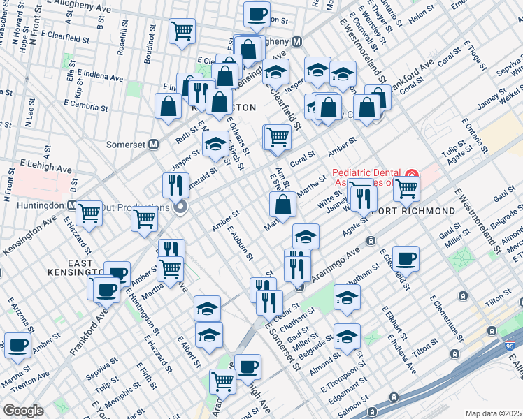 map of restaurants, bars, coffee shops, grocery stores, and more near 2122 East Birch Street in Philadelphia