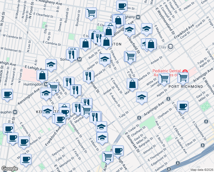 map of restaurants, bars, coffee shops, grocery stores, and more near 2052 East Auburn Street in Philadelphia
