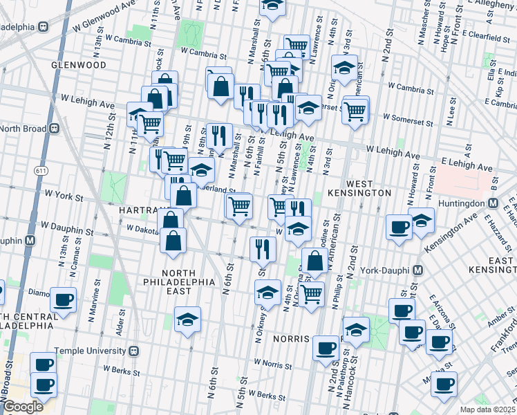 map of restaurants, bars, coffee shops, grocery stores, and more near 2436 North Reese Street in Philadelphia