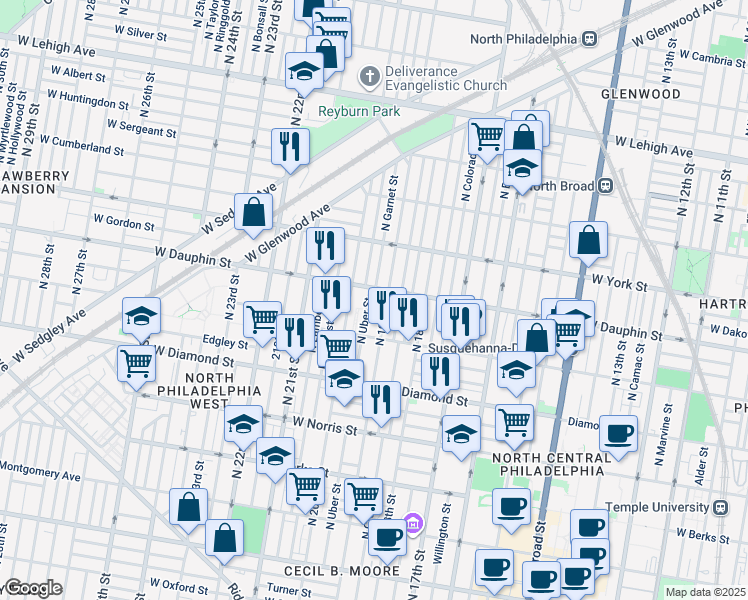 map of restaurants, bars, coffee shops, grocery stores, and more near 2255 North Uber Street in Philadelphia
