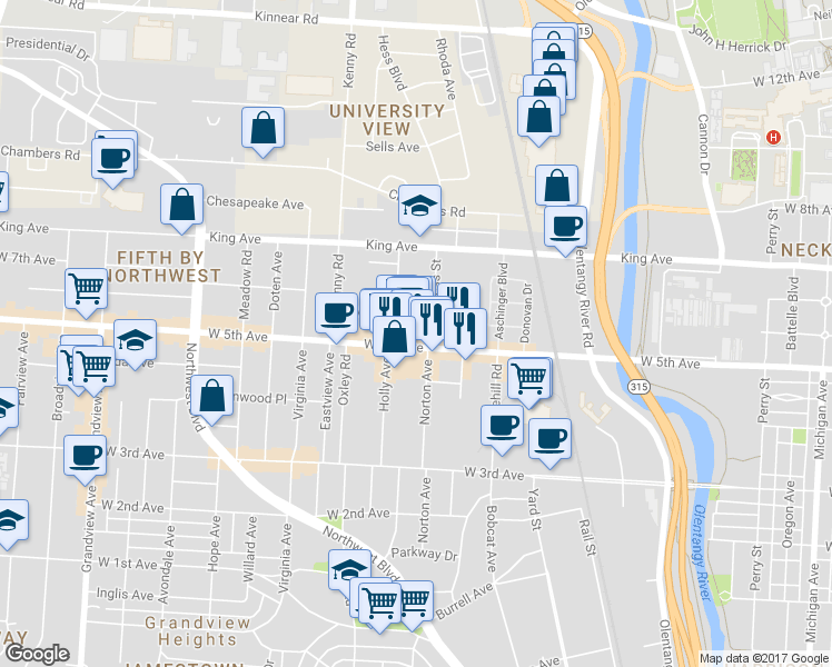 map of restaurants, bars, coffee shops, grocery stores, and more near 968 West 5th Avenue in Columbus