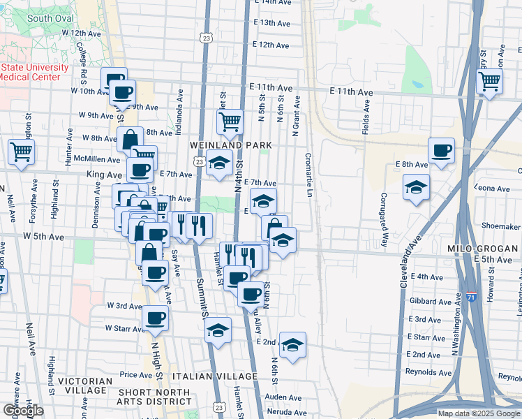 map of restaurants, bars, coffee shops, grocery stores, and more near 1246 North 5th Street in Columbus