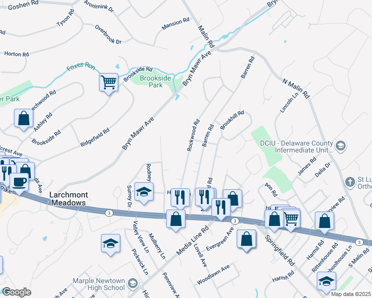 map of restaurants, bars, coffee shops, grocery stores, and more near 44 Rockwood Road in Newtown Square