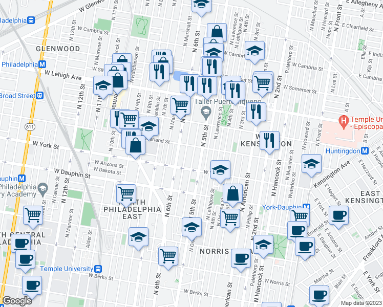 map of restaurants, bars, coffee shops, grocery stores, and more near 2436 North Reese Street in Philadelphia