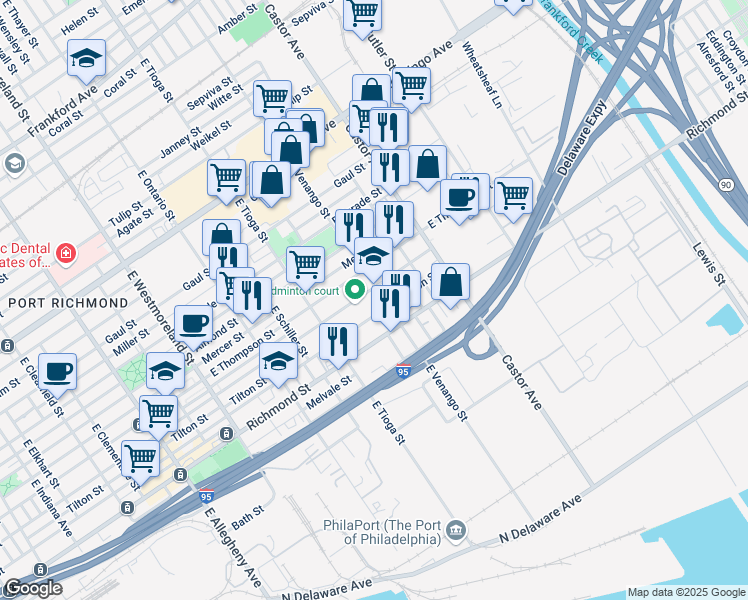 map of restaurants, bars, coffee shops, grocery stores, and more near 2700 East Venango Street in Philadelphia