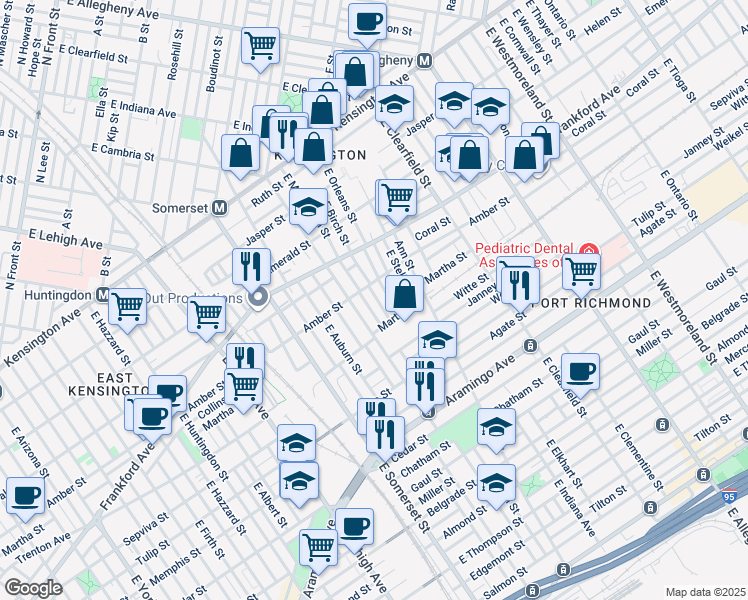 map of restaurants, bars, coffee shops, grocery stores, and more near 2122 East Birch Street in Philadelphia