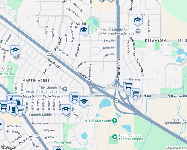 map of restaurants, bars, coffee shops, grocery stores, and more near 4690 Pawnee Place in Boulder