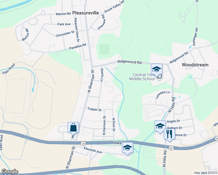 map of restaurants, bars, coffee shops, grocery stores, and more near 1202 Hillside Court in York