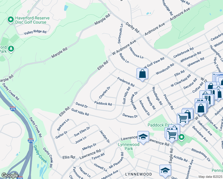map of restaurants, bars, coffee shops, grocery stores, and more near 135 Charles Drive in Havertown