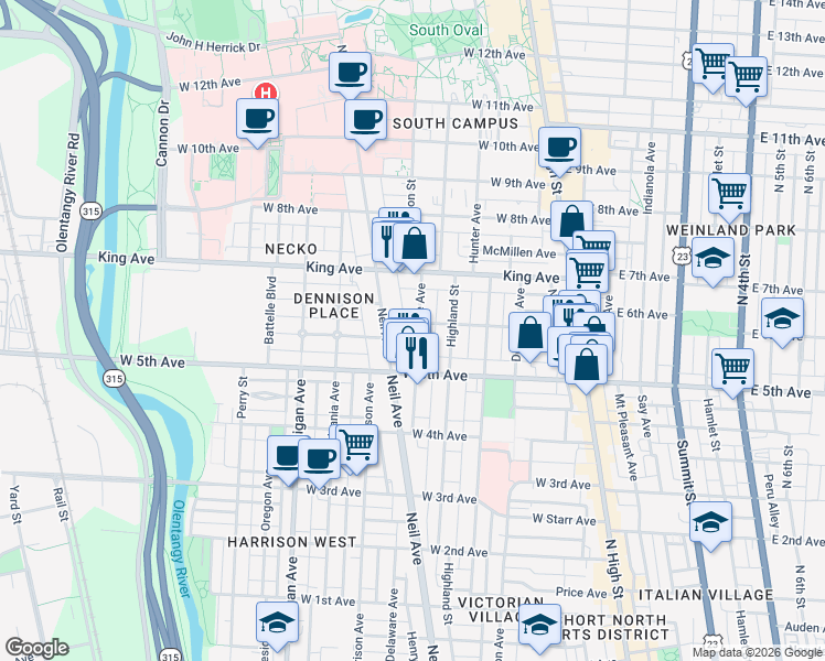 map of restaurants, bars, coffee shops, grocery stores, and more near 1323 Forsythe Avenue in Columbus