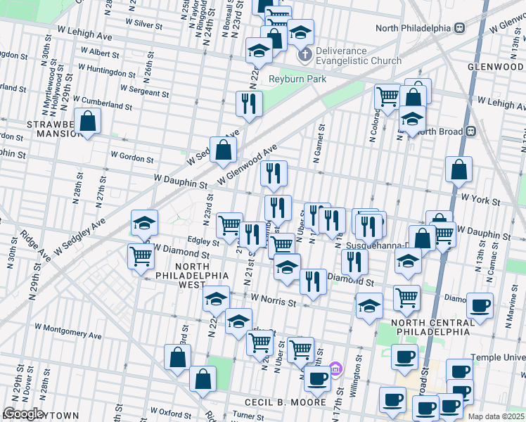 map of restaurants, bars, coffee shops, grocery stores, and more near 2241 North 21st Street in Philadelphia