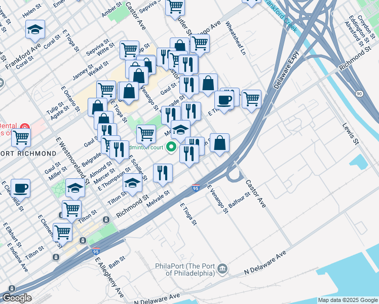 map of restaurants, bars, coffee shops, grocery stores, and more near 2729 East Venango Street in Philadelphia