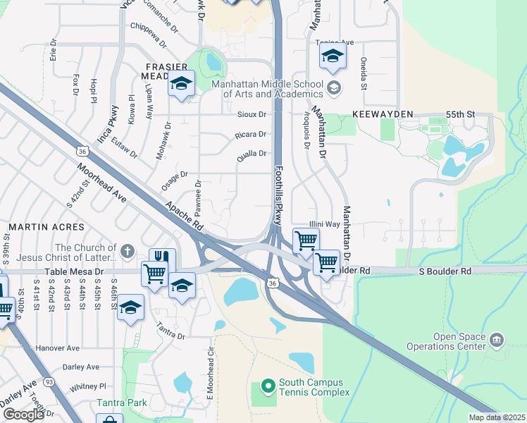 map of restaurants, bars, coffee shops, grocery stores, and more near 4940 Thunderbird Circle in Boulder