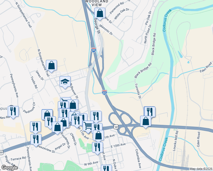 map of restaurants, bars, coffee shops, grocery stores, and more near 279 Point Circle in York