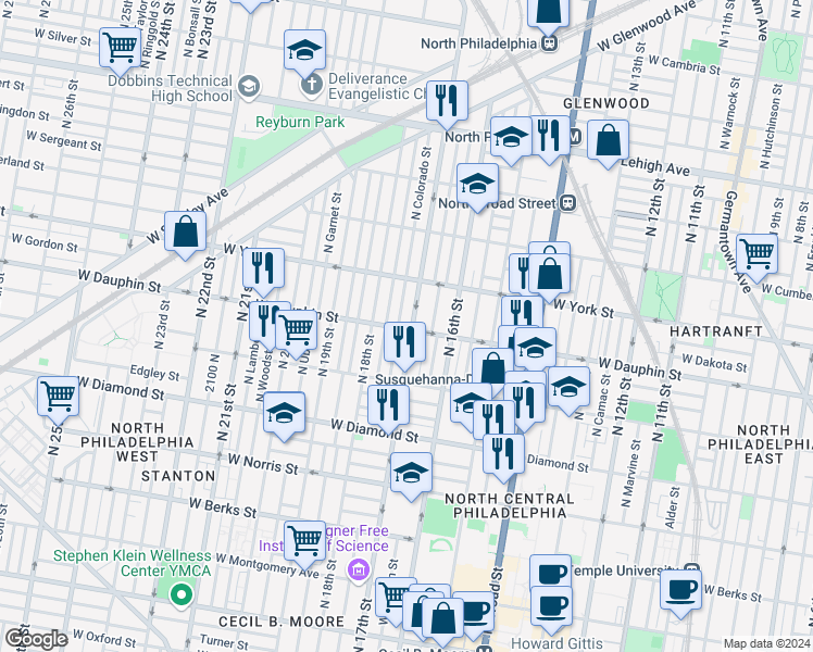 map of restaurants, bars, coffee shops, grocery stores, and more near 2300 North 17th Street in Philadelphia