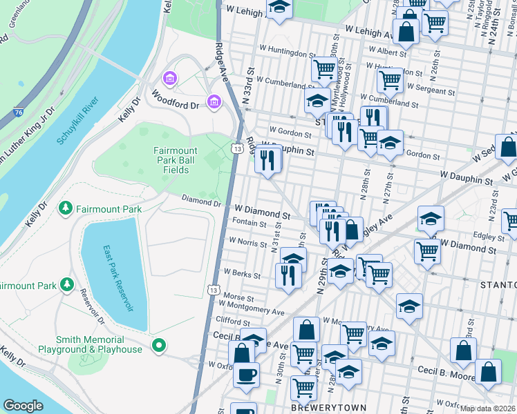 map of restaurants, bars, coffee shops, grocery stores, and more near in Philadelphia