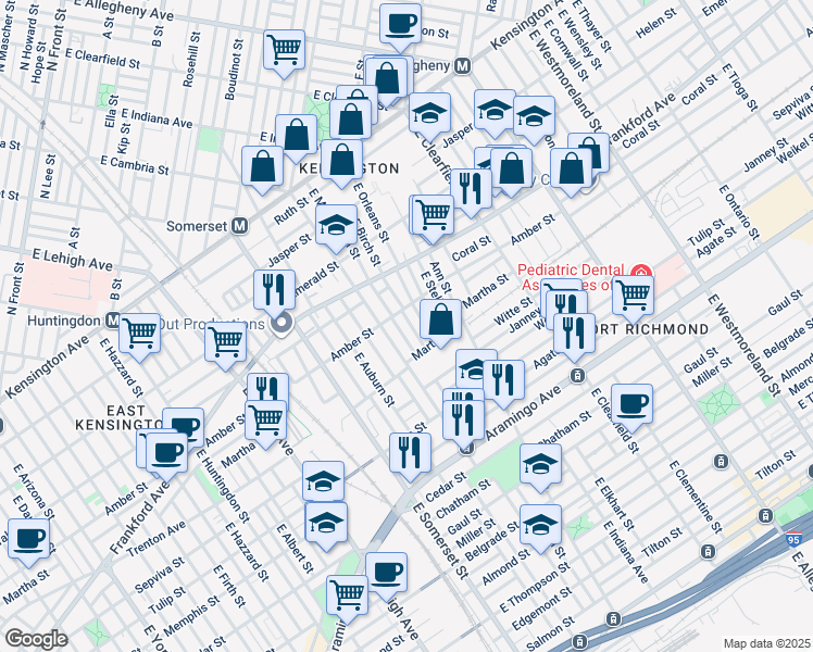 map of restaurants, bars, coffee shops, grocery stores, and more near 2120 East Birch Street in Philadelphia