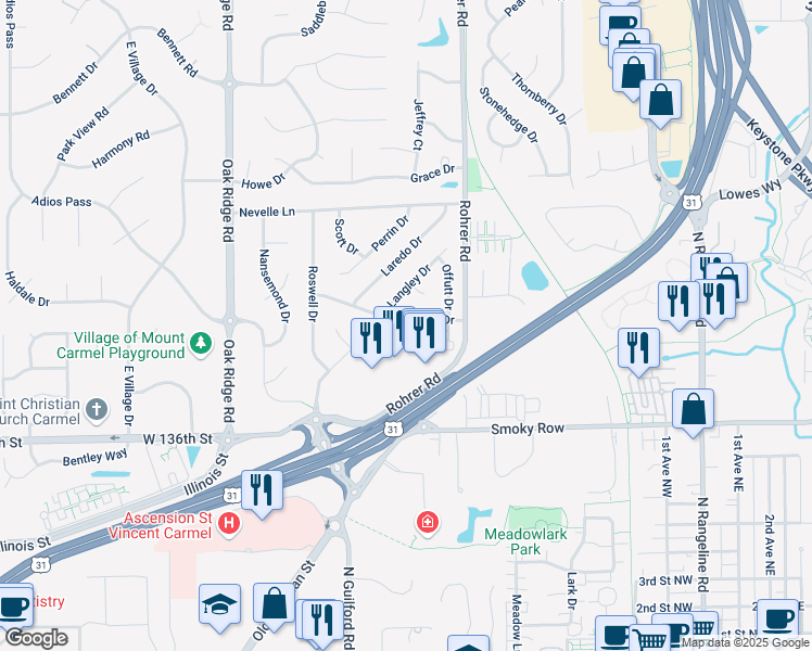 map of restaurants, bars, coffee shops, grocery stores, and more near 661 Marana Drive in Carmel