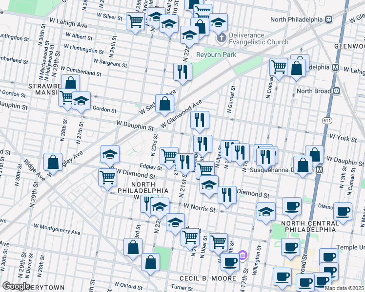 map of restaurants, bars, coffee shops, grocery stores, and more near 2235 North Van Pelt Street in Philadelphia