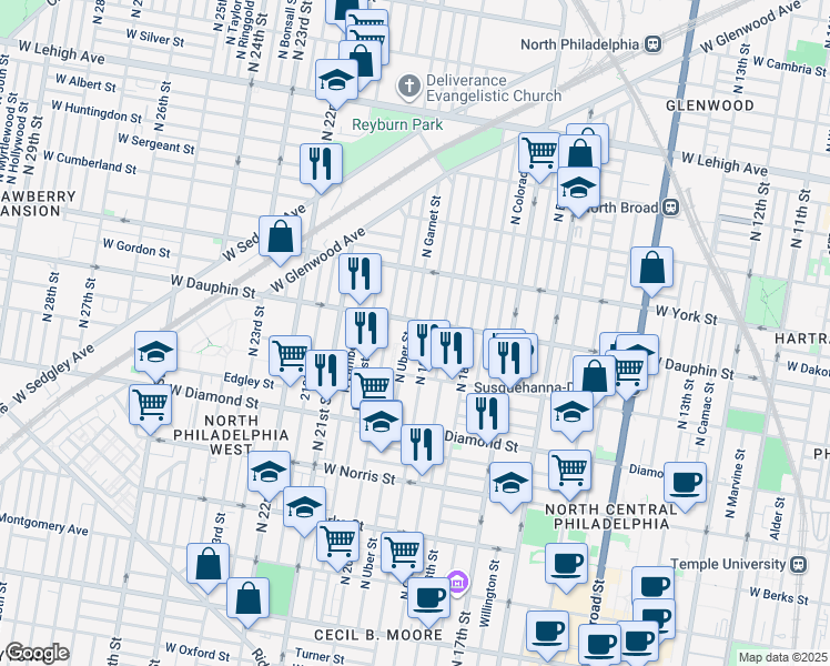 map of restaurants, bars, coffee shops, grocery stores, and more near 2257 North Uber Street in Philadelphia