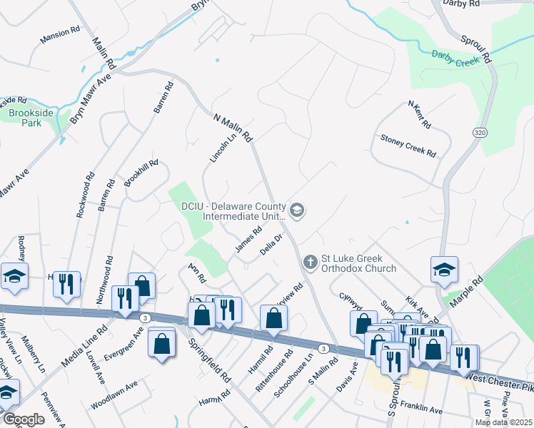 map of restaurants, bars, coffee shops, grocery stores, and more near 66 James Road in Broomall