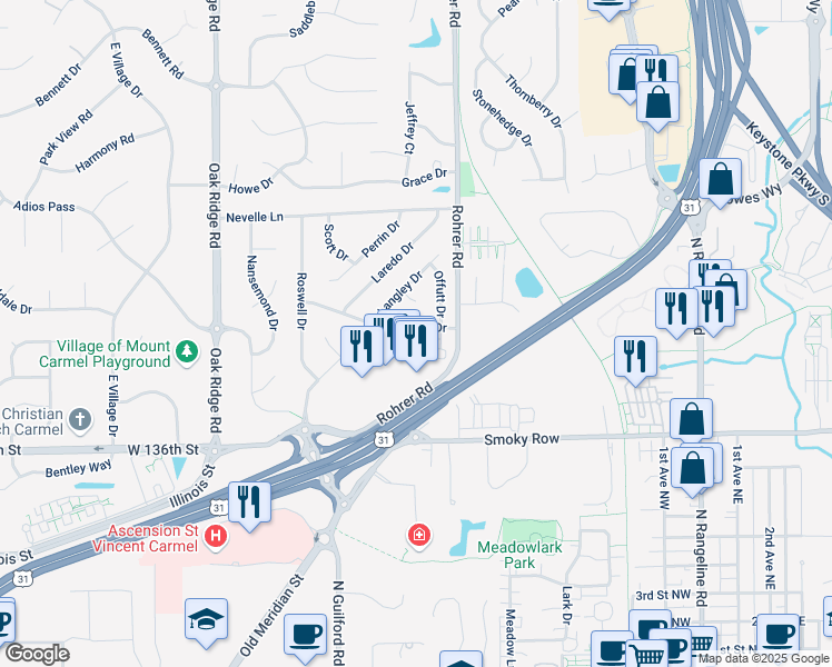 map of restaurants, bars, coffee shops, grocery stores, and more near 623 Marana Drive in Carmel