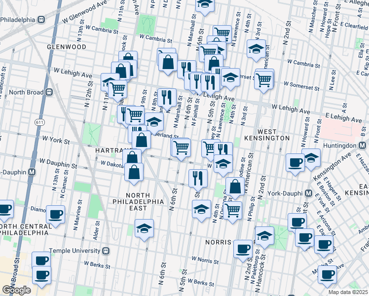 map of restaurants, bars, coffee shops, grocery stores, and more near 2435 North 6th Street in Philadelphia