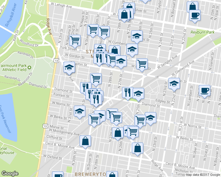 map of restaurants, bars, coffee shops, grocery stores, and more near 2147 North 28th Street in Philadelphia