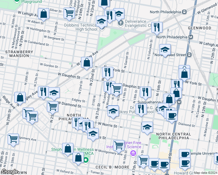 map of restaurants, bars, coffee shops, grocery stores, and more near 2244 North Woodstock Street in Philadelphia