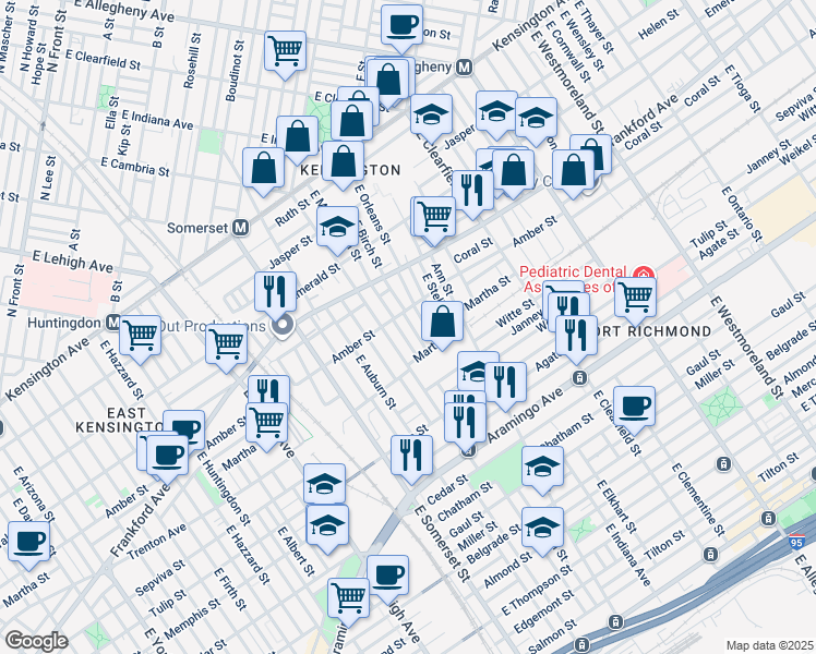 map of restaurants, bars, coffee shops, grocery stores, and more near 2120 East Birch Street in Philadelphia