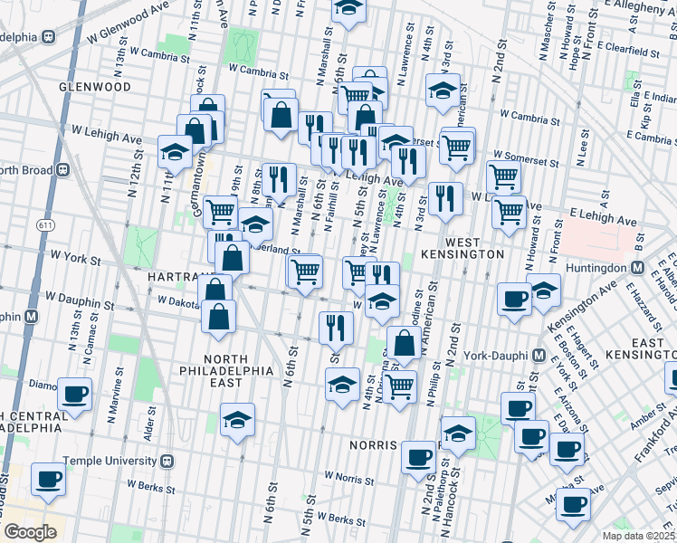 map of restaurants, bars, coffee shops, grocery stores, and more near 2443 North Reese Street in Philadelphia